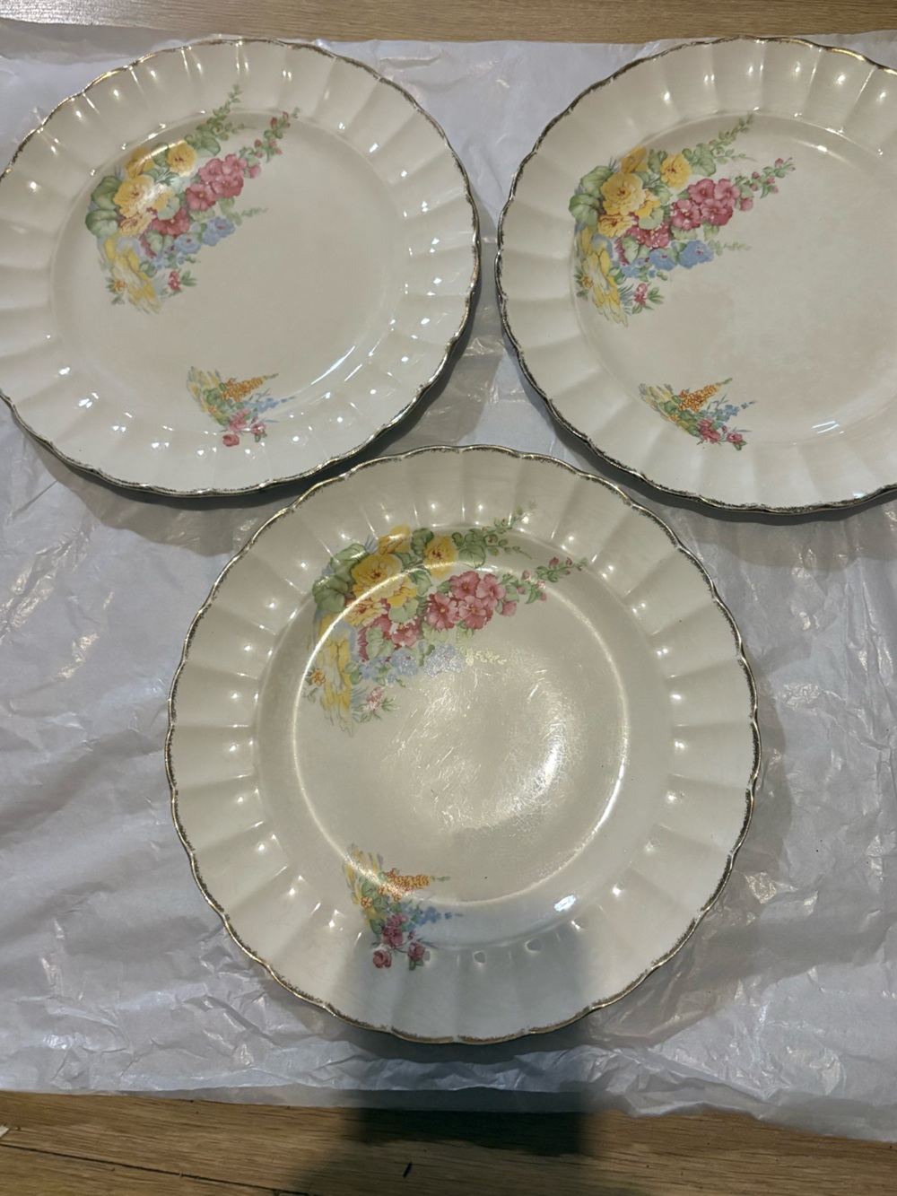 1930s Vintage Sovereign Potters Hollyhock Floral Plates Set of 3